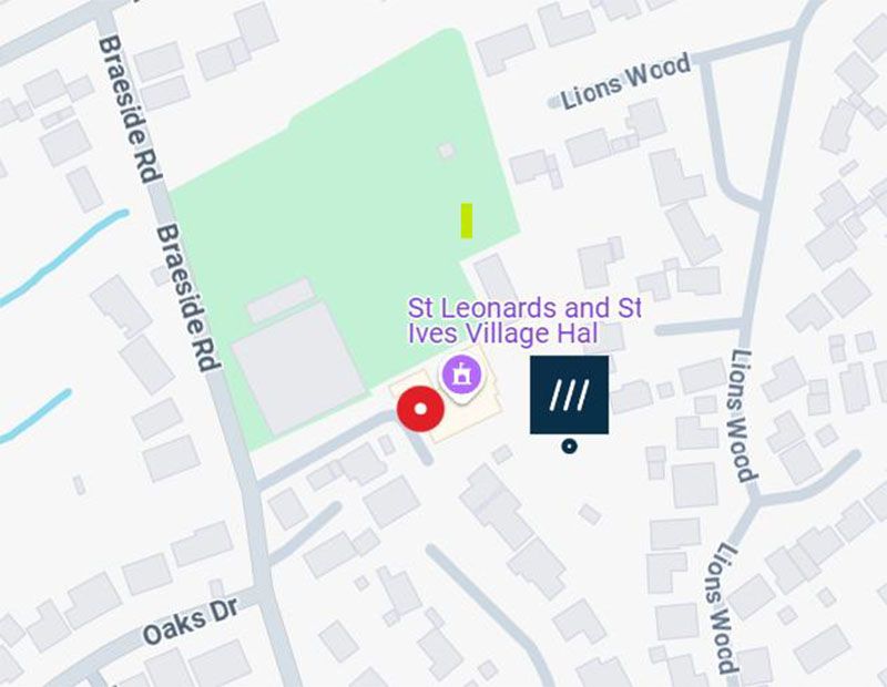 Map showing St Leonards Village Hall off the A31