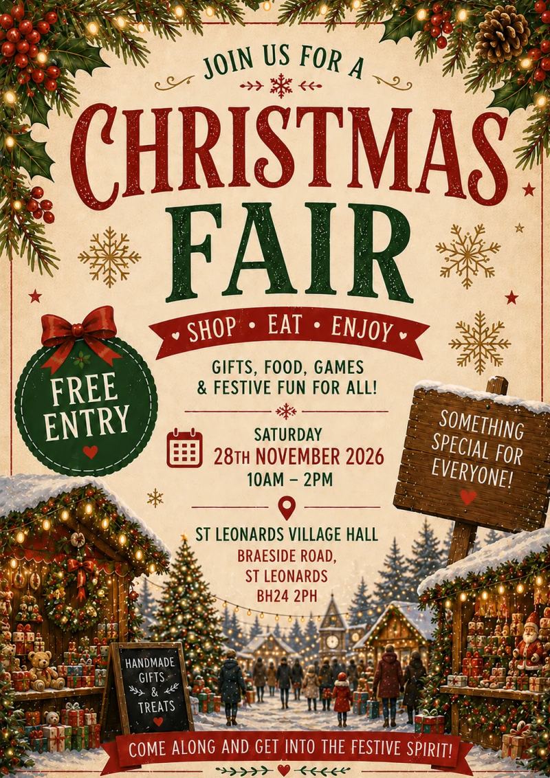 Christmas Fair poster - Saturday 28 November 2026, 10am to 2pm, free entry