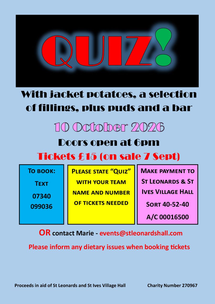Quiz Night poster - 10 October 2026